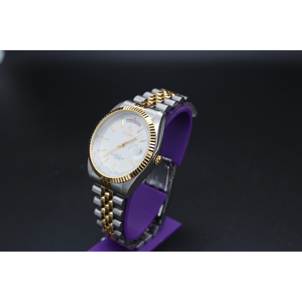 Elgin Mens Two Tone Day Date Watch FG741-017 White Dial Jubilee Bracelet